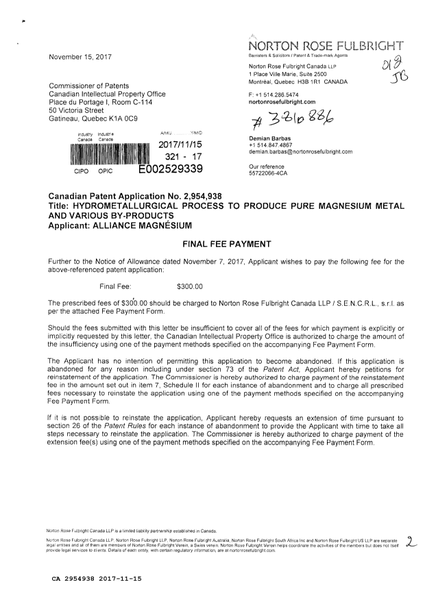 Document de brevet canadien 2954938. Taxe finale 20171115. Image 1 de 2
