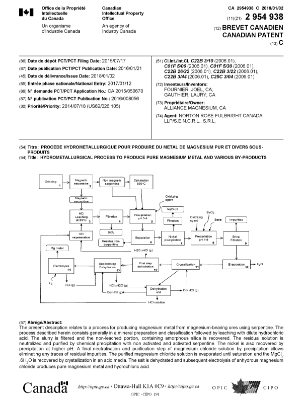 Document de brevet canadien 2954938. Page couverture 20171213. Image 1 de 1