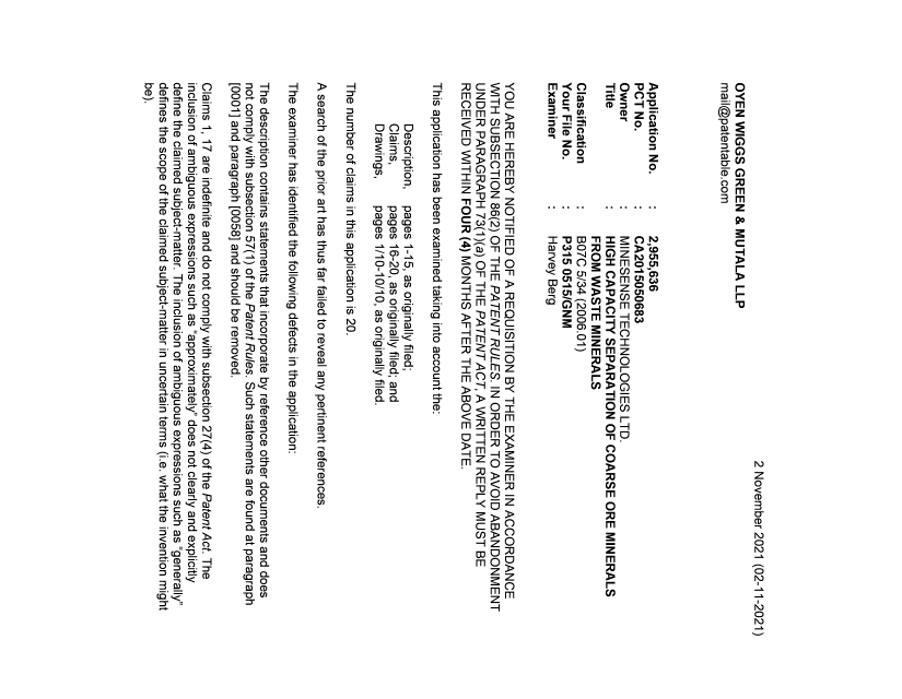Document de brevet canadien 2955636. Demande d'examen 20211102. Image 1 de 4