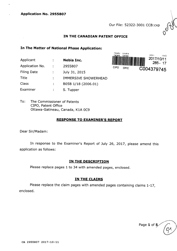 Canadian Patent Document 2955807. Amendment 20161211. Image 1 of 54
