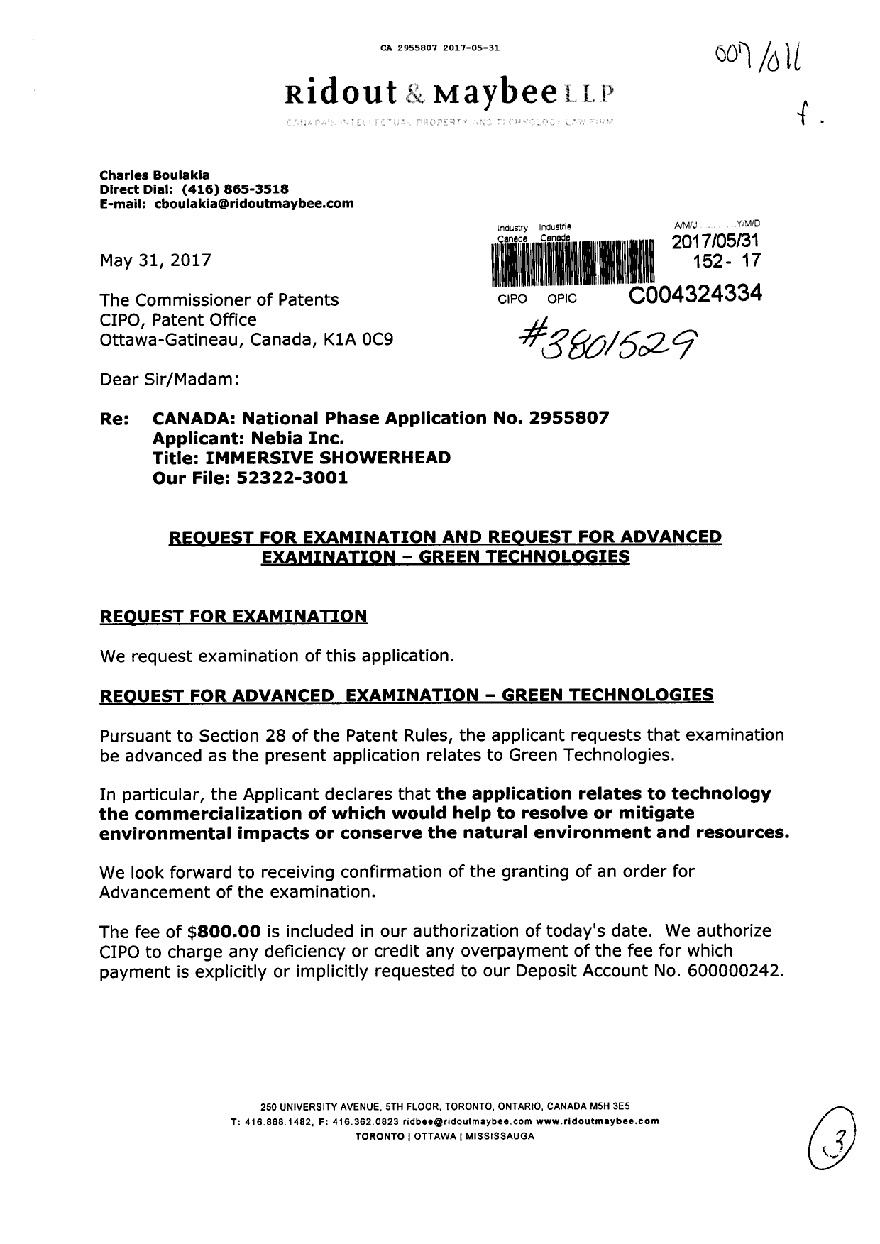 Canadian Patent Document 2955807. Request for Examination 20170531. Image 1 of 3