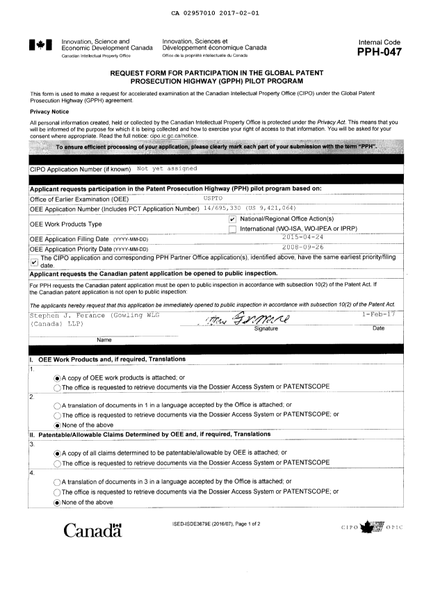 Document de brevet canadien 2957010. Poursuite-Amendment 20170201. Image 1 de 2