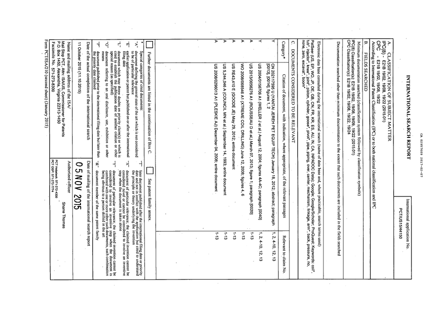 Document de brevet canadien 2957609. Rapport de recherche internationale 20170207. Image 1 de 1