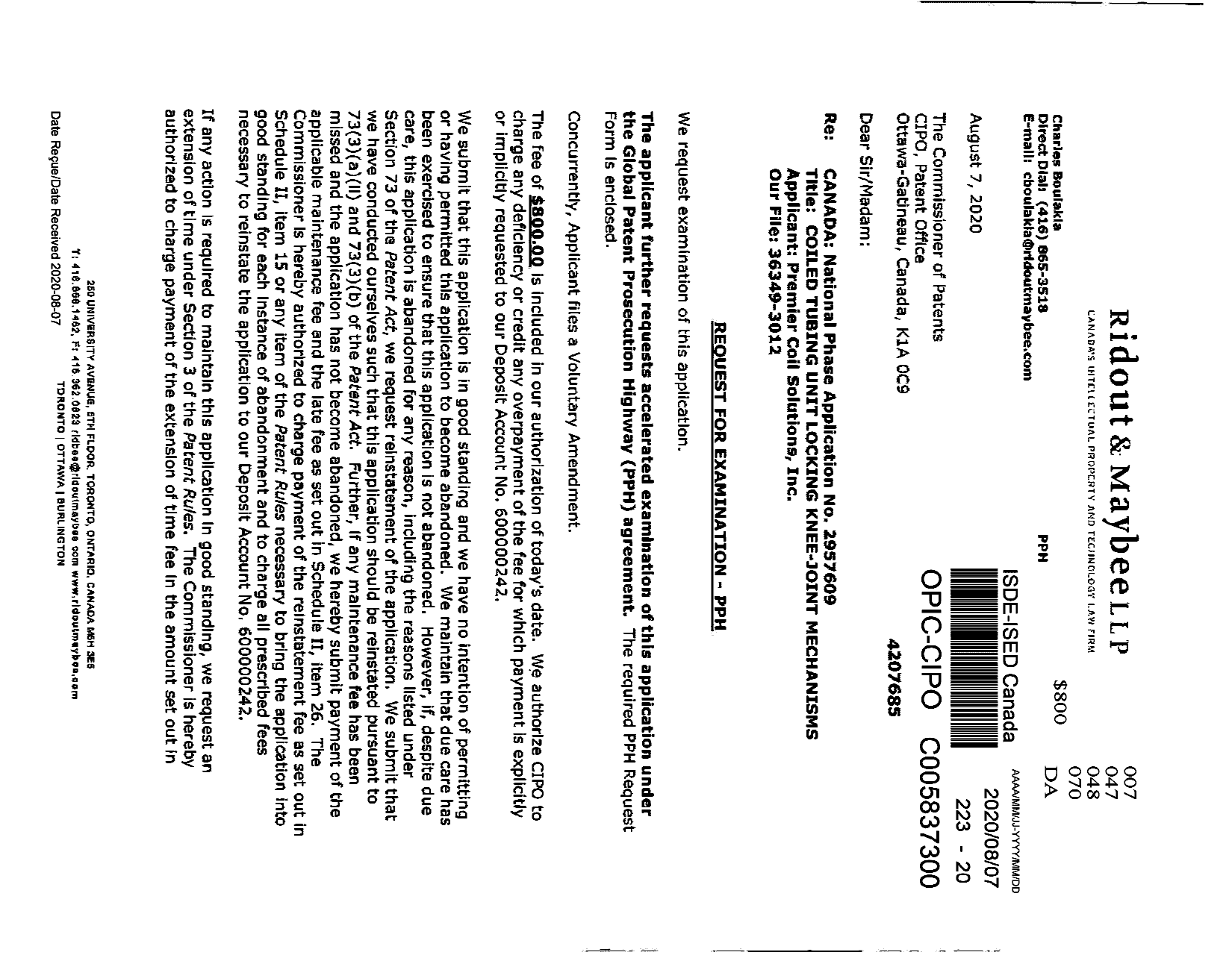 Canadian Patent Document 2957609. Request for Examination 20200807. Image 1 of 10