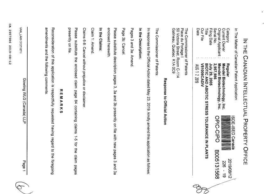 Document de brevet canadien 2957986. Modification 20190812. Image 1 de 6