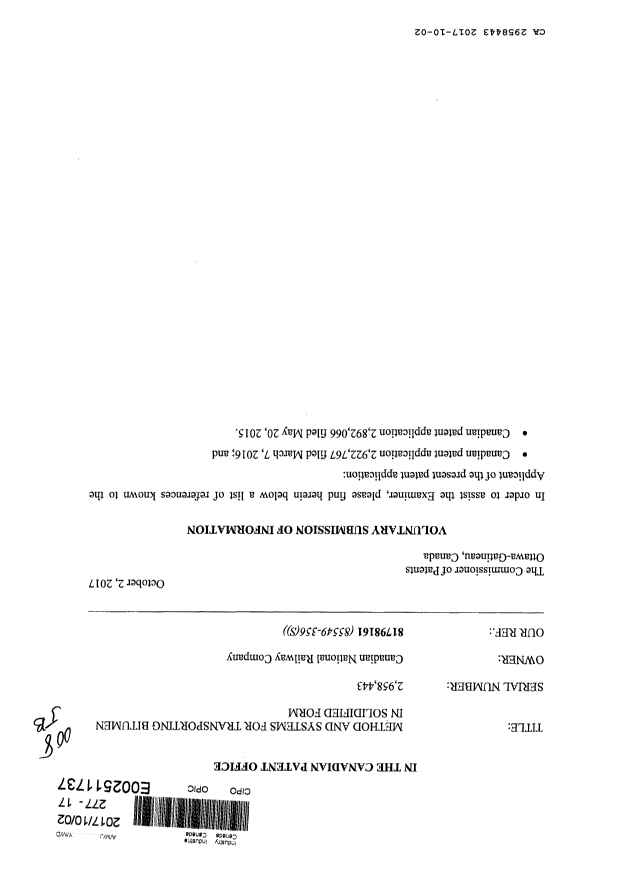 Document de brevet canadien 2958443. Modification 20171002. Image 1 de 3