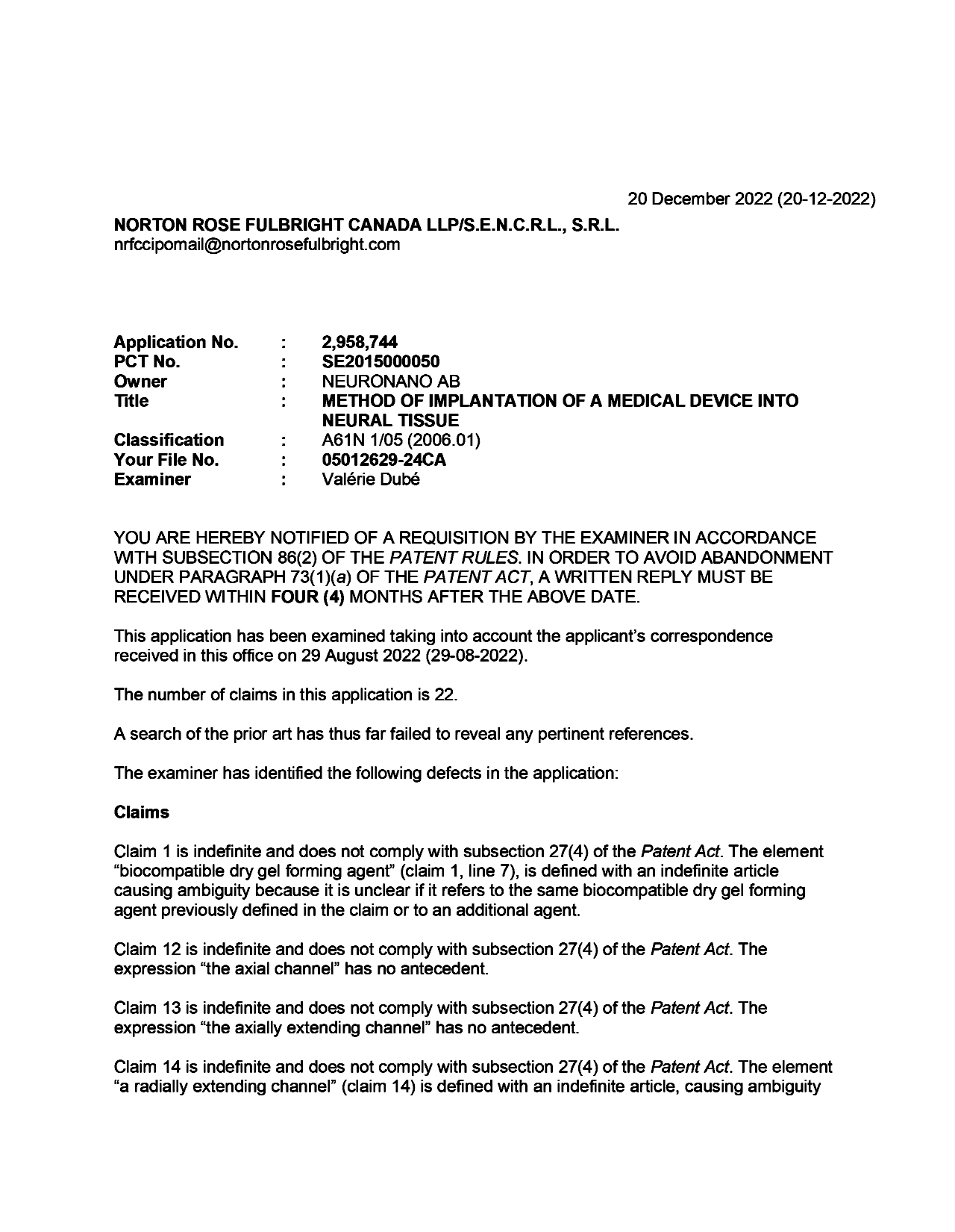Document de brevet canadien 2958744. Demande d'examen 20221220. Image 1 de 3