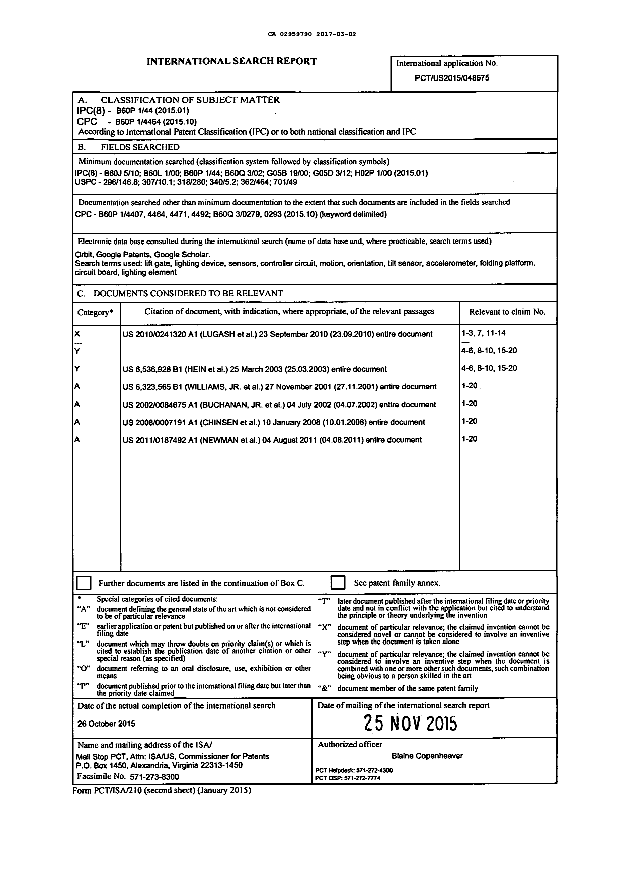 Canadian Patent Document 2959790. International Search Report 20170302. Image 1 of 1