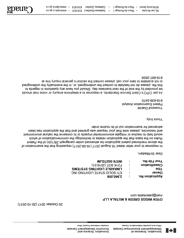 Document de brevet canadien 2960058. Ordonnance spéciale - Verte acceptée 20161220. Image 1 de 1
