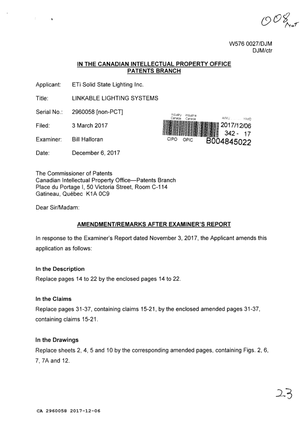 Document de brevet canadien 2960058. Modification 20171206. Image 1 de 23