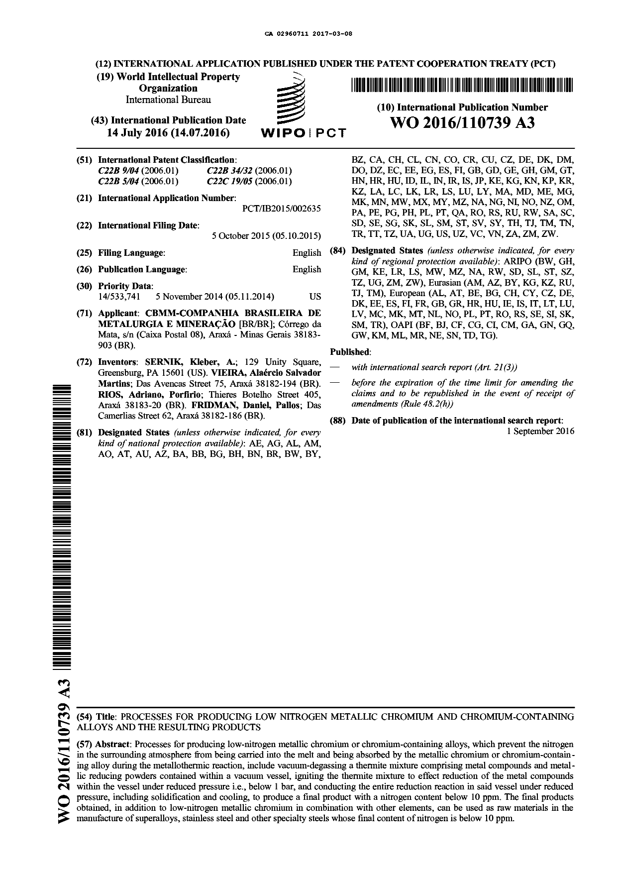 Document de brevet canadien 2960711. Abrégé 20170308. Image 1 de 1