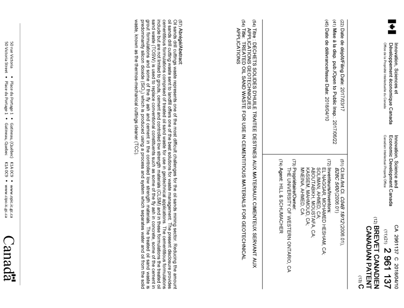 Document de brevet canadien 2961137. Page couverture 20180314. Image 1 de 1