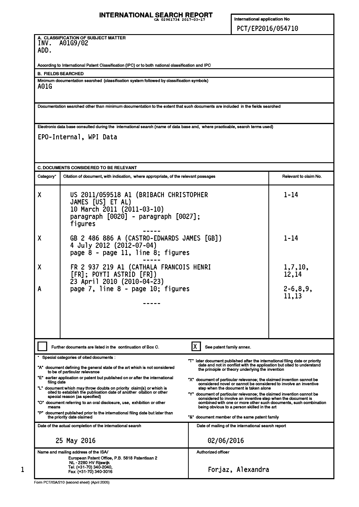 Document de brevet canadien 2961734. Rapport de recherche internationale 20161217. Image 1 de 2
