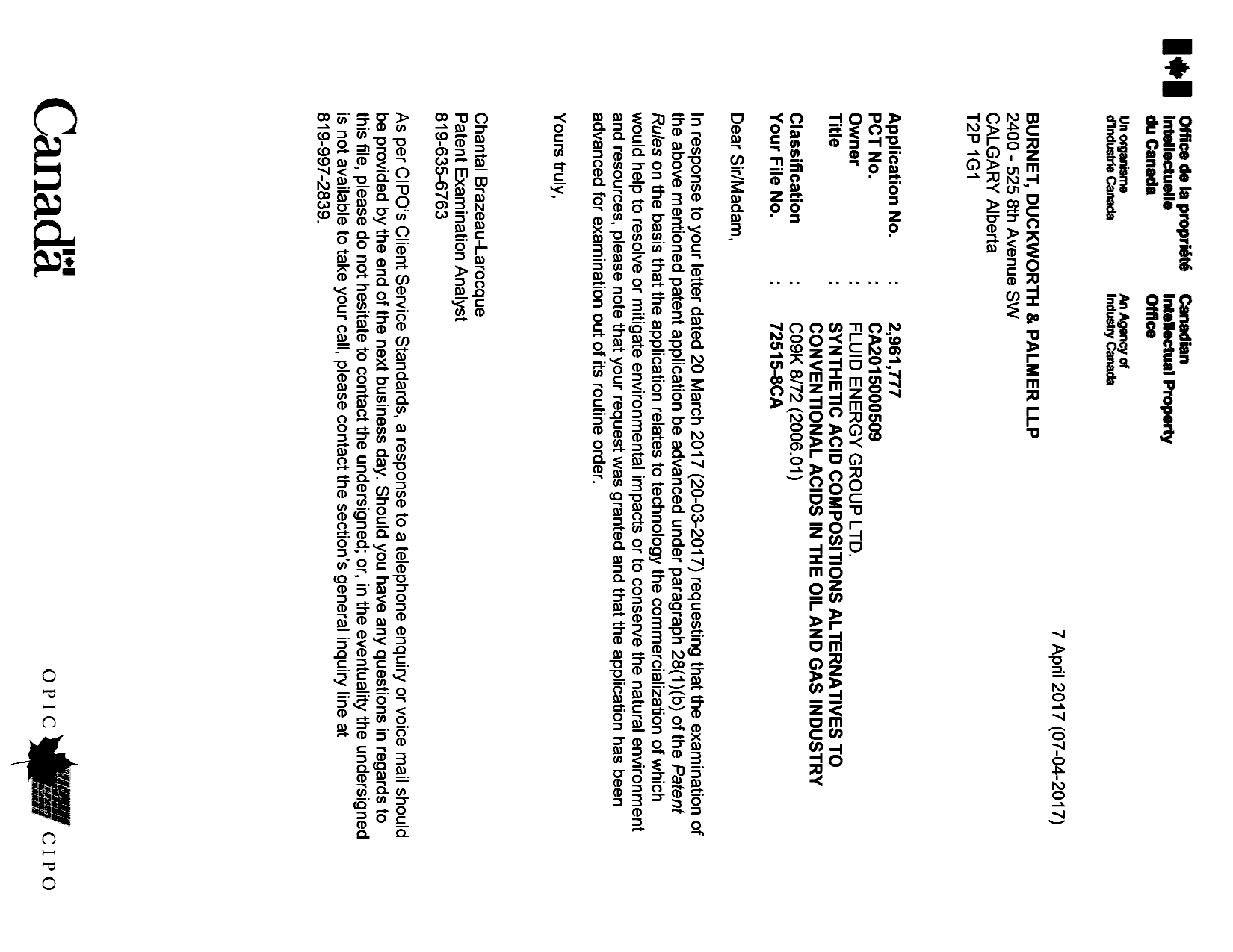 Document de brevet canadien 2961777. Accusé de la concession de l'ordonnance spéciale 20161207. Image 1 de 1