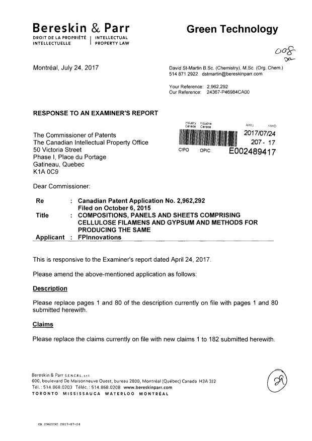 Document de brevet canadien 2962292. Modification 20170724. Image 1 de 29