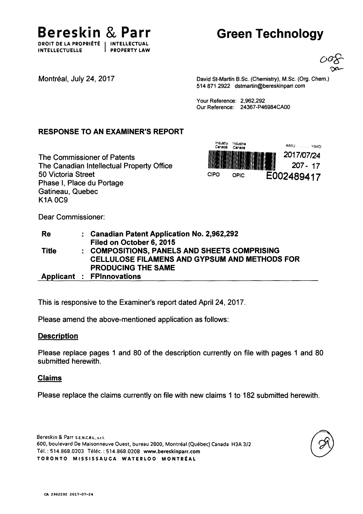 Canadian Patent Document 2962292. Amendment 20170724. Image 1 of 29