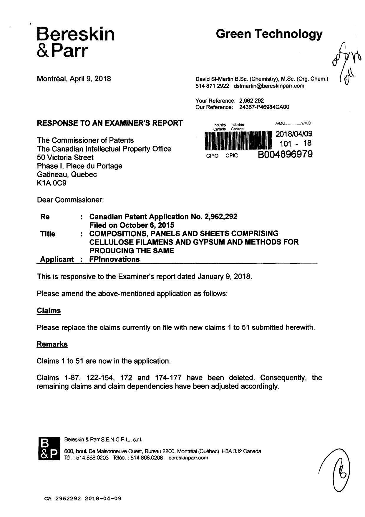 Canadian Patent Document 2962292. Amendment 20180409. Image 1 of 8