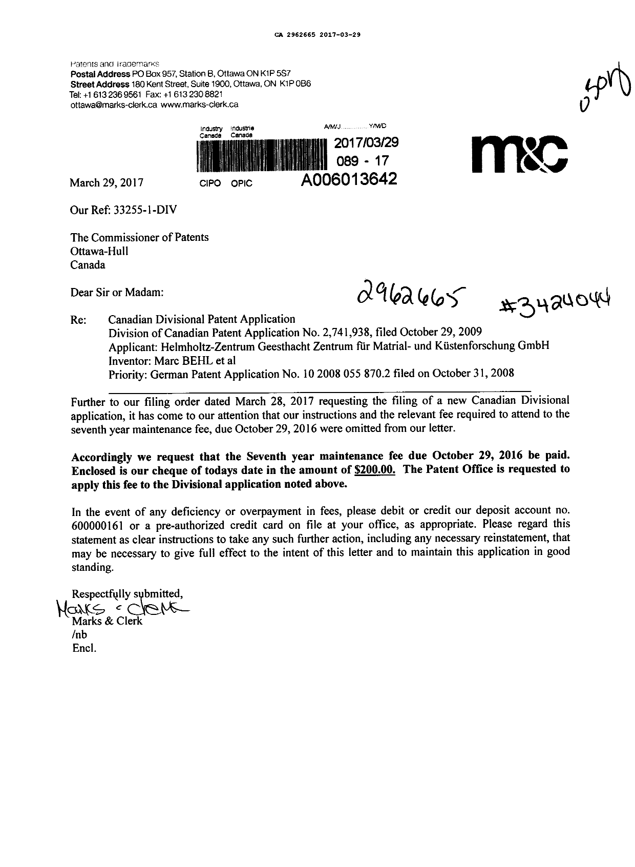 Document de brevet canadien 2962665. Paiement de taxe périodique 20170329. Image 1 de 1