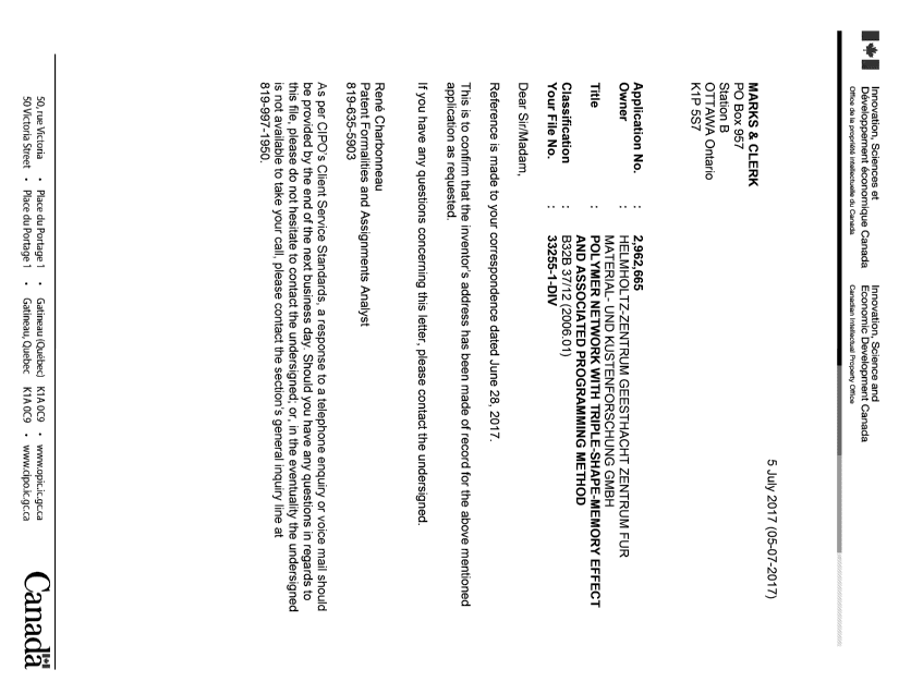 Document de brevet canadien 2962665. Lettre du bureau 20170705. Image 1 de 1
