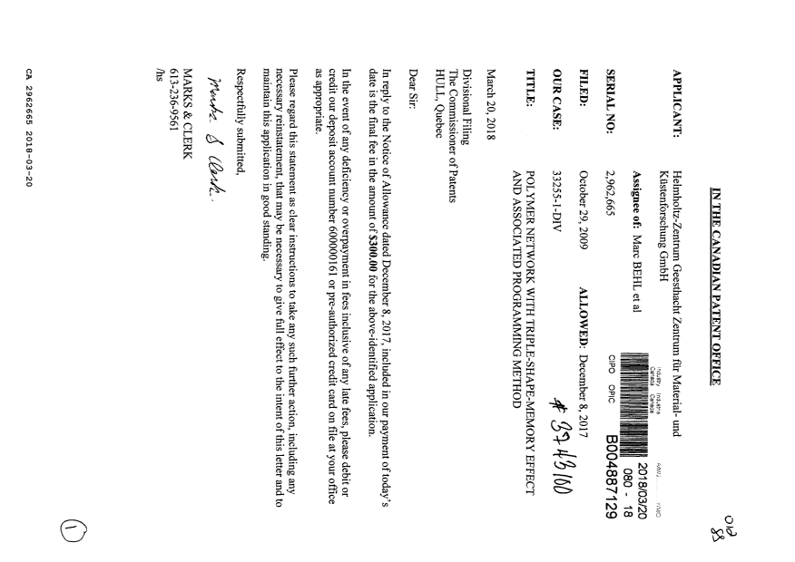 Document de brevet canadien 2962665. Taxe finale 20180320. Image 1 de 1