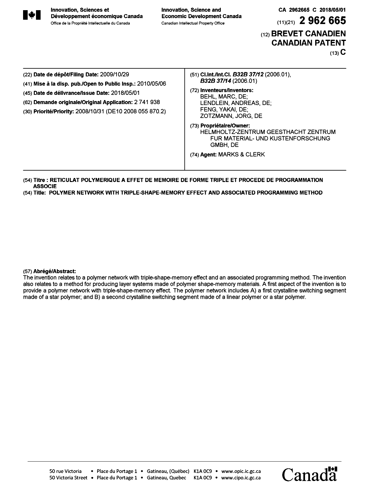 Document de brevet canadien 2962665. Page couverture 20180403. Image 1 de 1