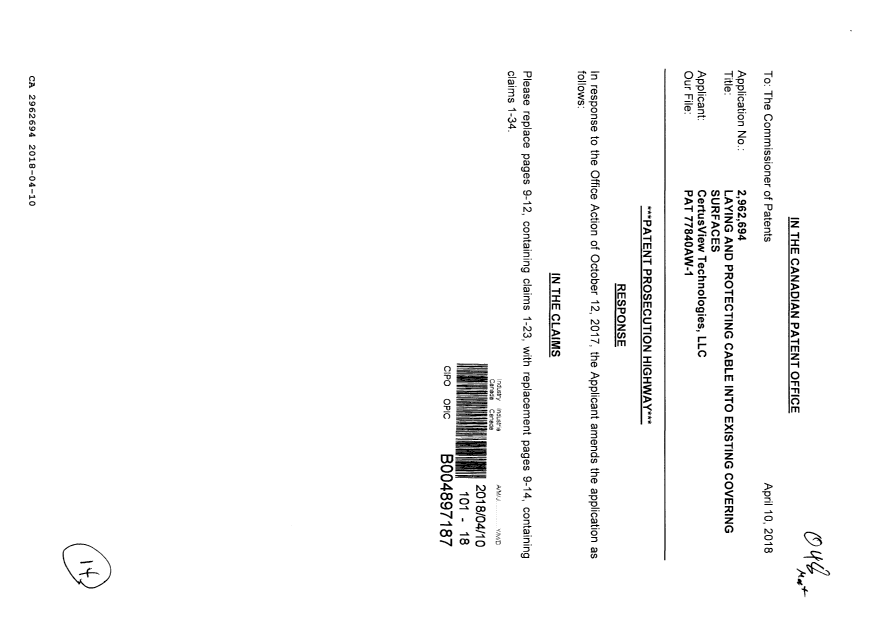 Document de brevet canadien 2962694. Modification 20180410. Image 1 de 14
