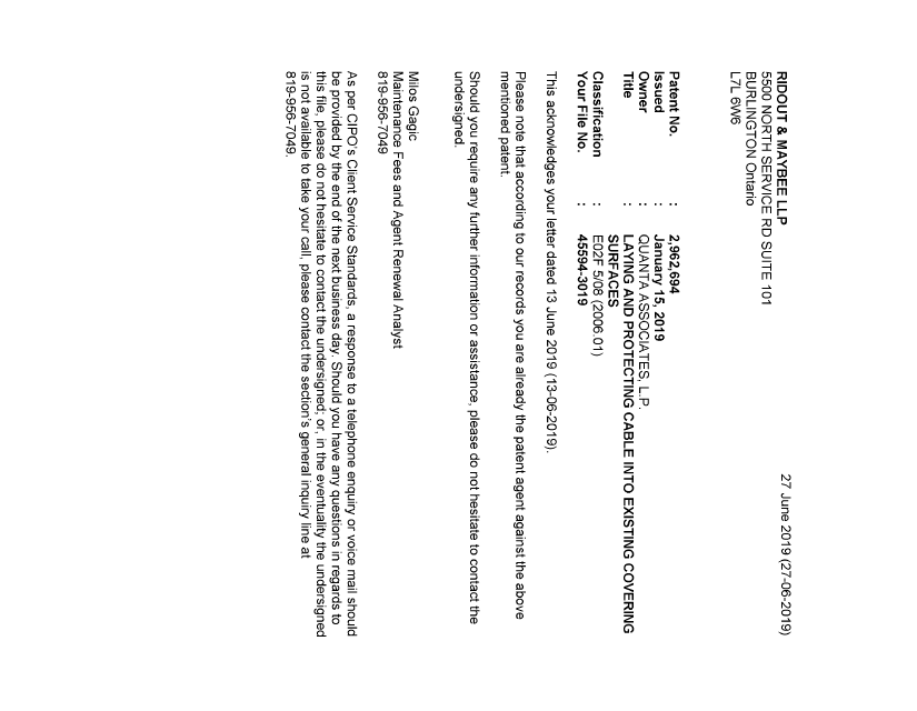 Document de brevet canadien 2962694. Lettre du bureau 20190627. Image 1 de 1