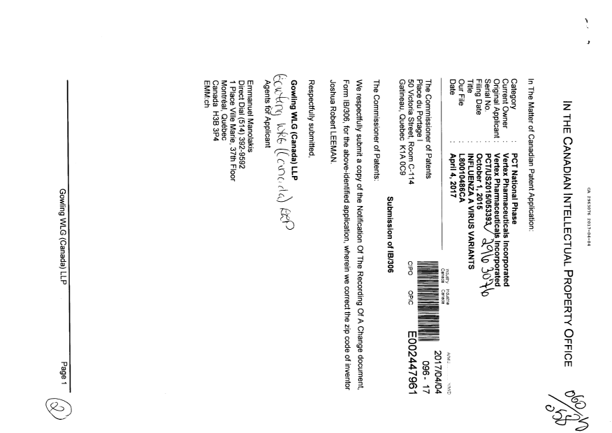 Document de brevet canadien 2963076. Correspondance reliée au PCT 20170404. Image 1 de 2