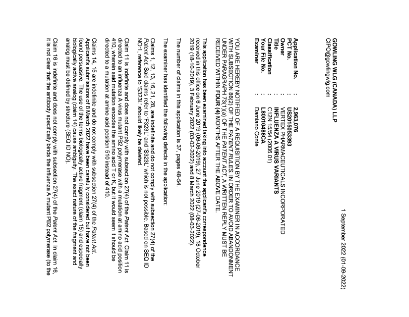 Document de brevet canadien 2963076. Demande d'examen 20220901. Image 1 de 4