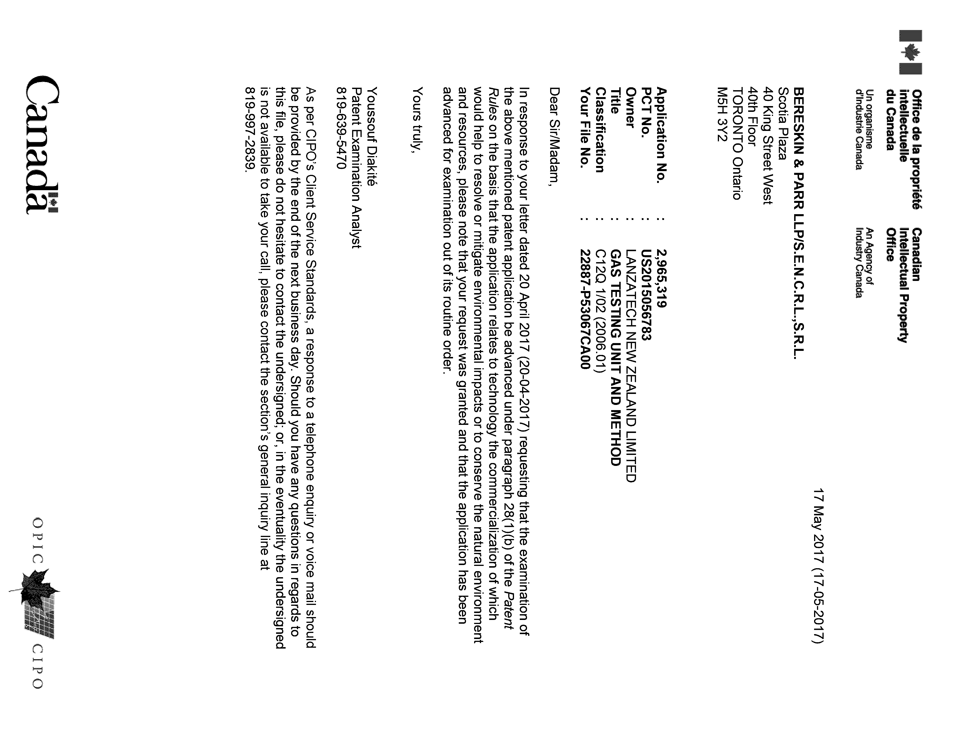 Canadian Patent Document 2965319. Special Order - Green Granted 20161217. Image 1 of 1