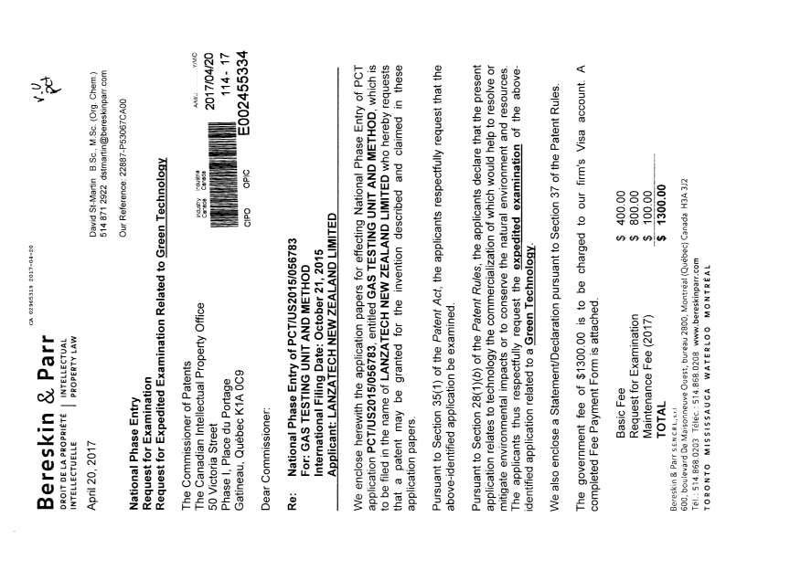 Document de brevet canadien 2965319. Demande d'entrée en phase nationale 20161220. Image 1 de 5