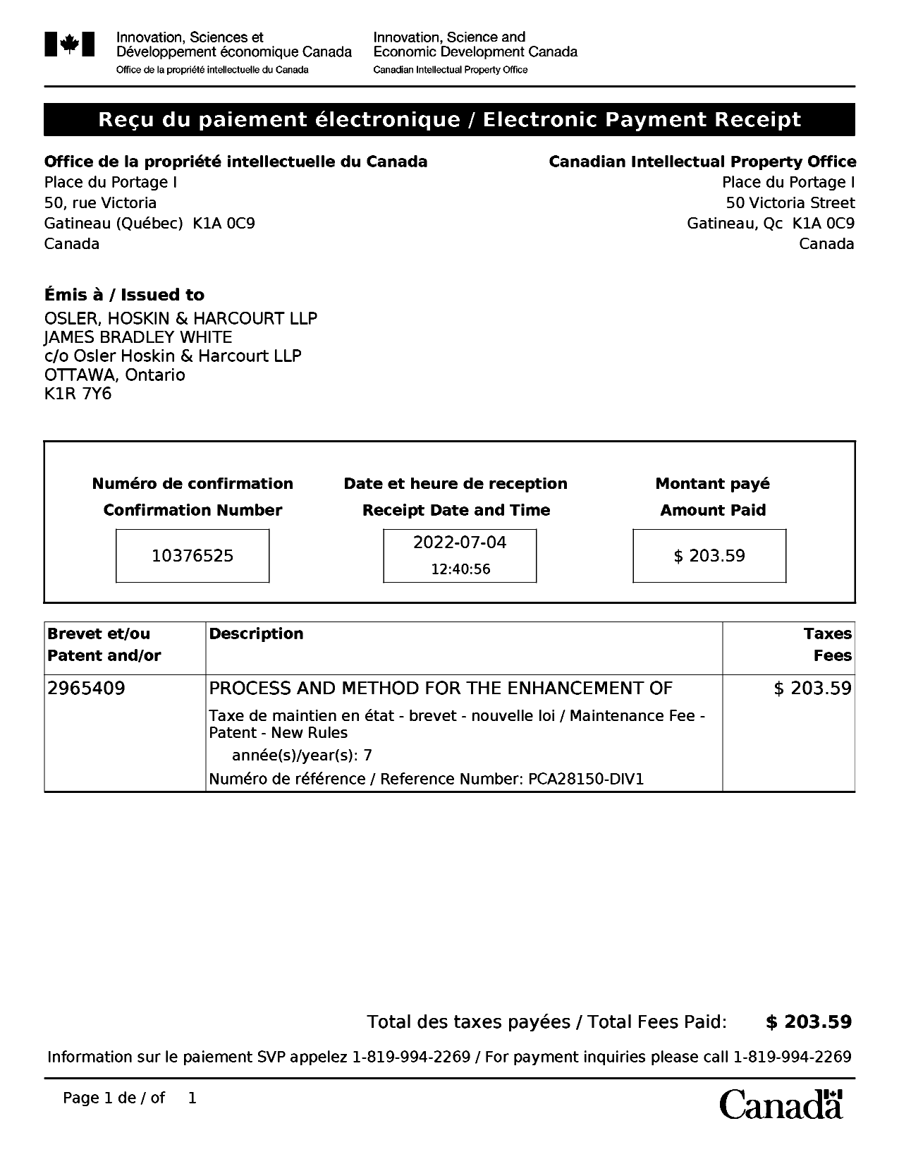 Document de brevet canadien 2965409. Paiement de taxe périodique 20220704. Image 1 de 1