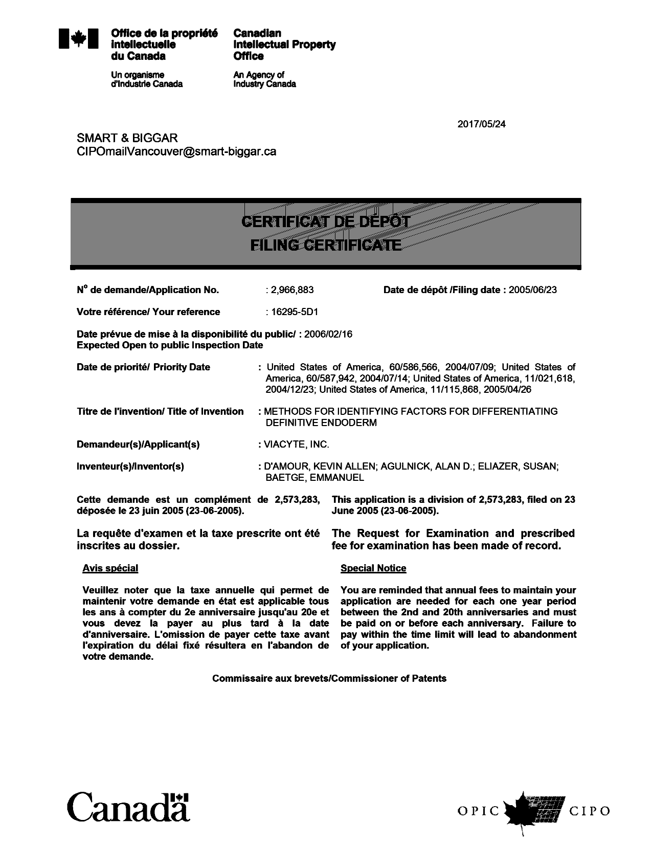 Canadian Patent Document 2966883. Divisional - Filing Certificate 20170524. Image 1 of 1
