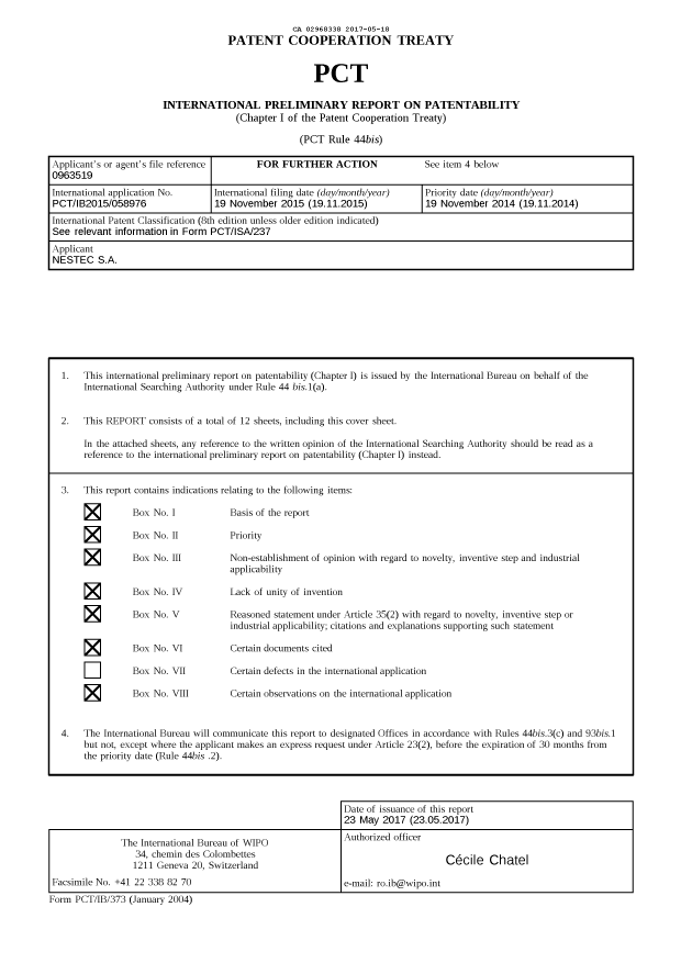 Document de brevet canadien 2968338. Rapport prélim. intl. sur la brevetabilité reçu 20170518. Image 1 de 12