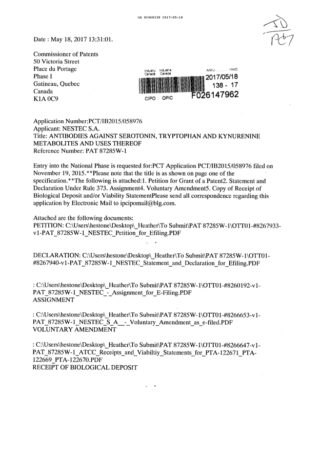 Document de brevet canadien 2968338. Demande d'entrée en phase nationale 20170518. Image 1 de 9
