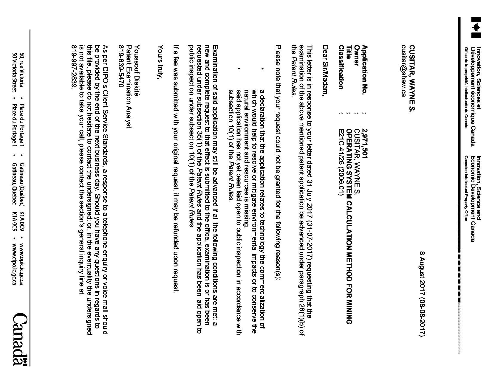 Document de brevet canadien 2971501. Ordonnance spéciale - Verte requête non conforme 20161208. Image 1 de 1