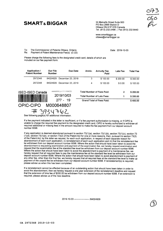 Document de brevet canadien 2972348. Paiement de taxe périodique 20191003. Image 1 de 3