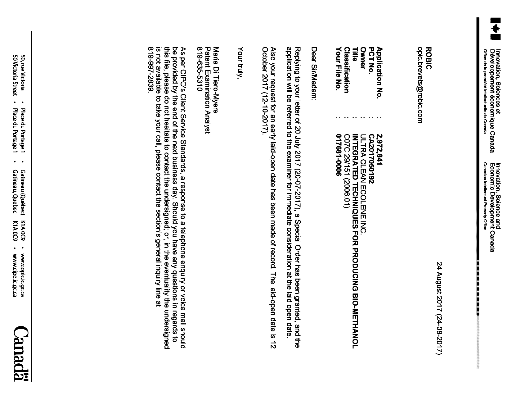 Document de brevet canadien 2972841. Lettre du bureau 20170824. Image 1 de 1
