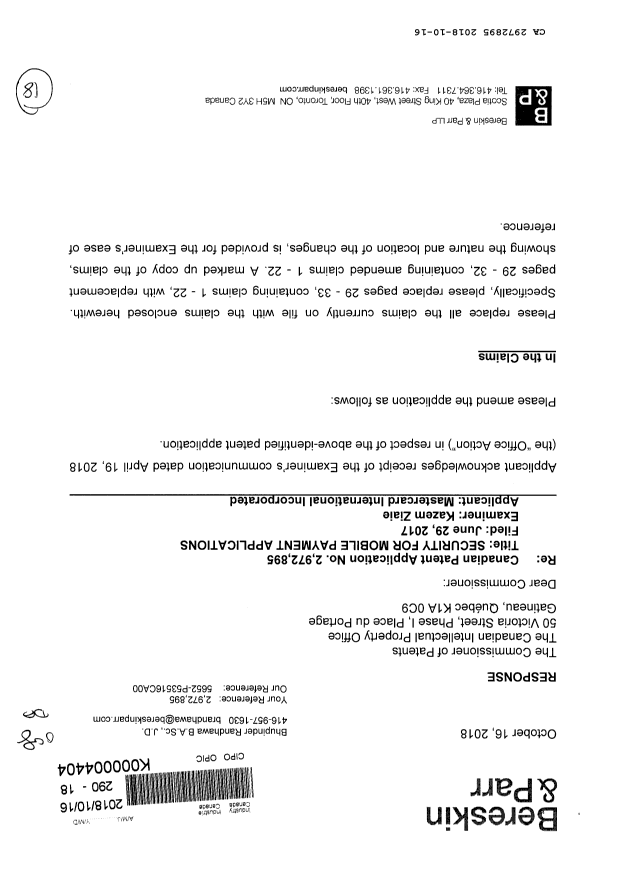 Canadian Patent Document 2972895. Amendment 20181016. Image 1 of 18