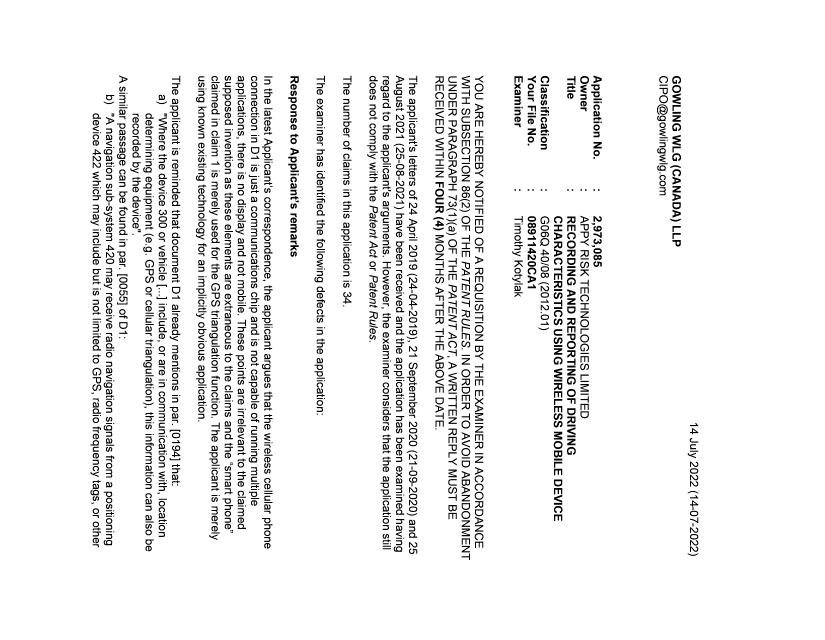 Document de brevet canadien 2973085. Demande d'examen 20220714. Image 1 de 6