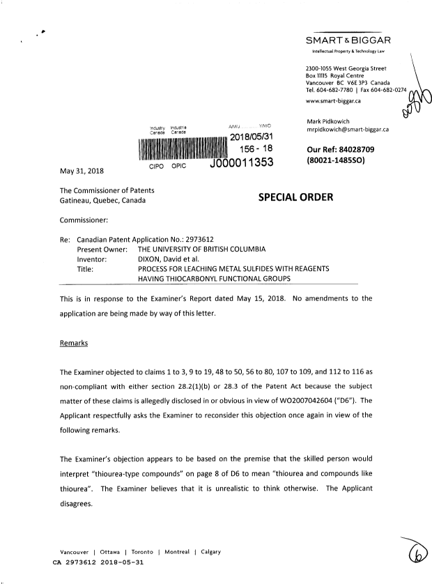 Document de brevet canadien 2973612. Modification 20180531. Image 1 de 6
