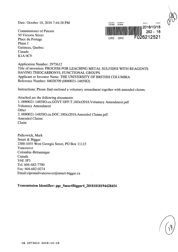 Document de brevet canadien 2973612. Modification 20181018. Image 1 de 17