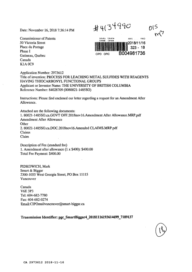 Document de brevet canadien 2973612. Modification après acceptation 20181116. Image 1 de 18