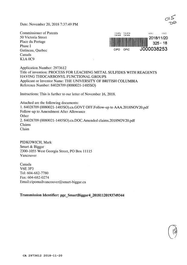 Document de brevet canadien 2973612. Modification après acceptation 20181120. Image 1 de 18