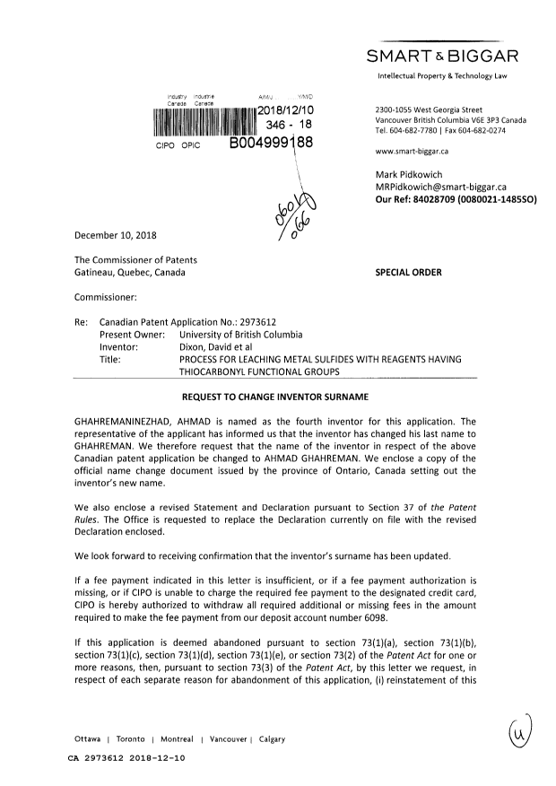 Document de brevet canadien 2973612. Modification au demandeur-inventeur 20181210. Image 1 de 4