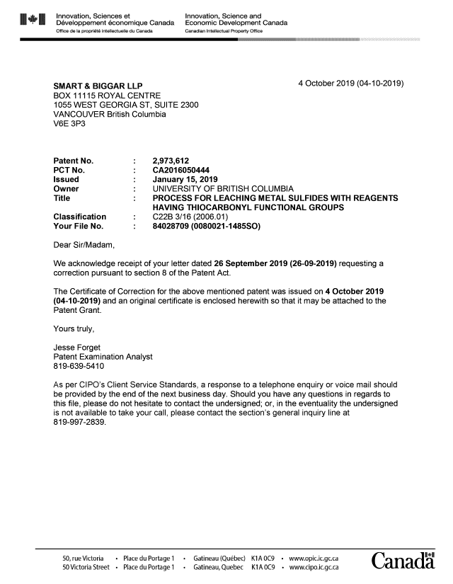 Document de brevet canadien 2973612. Accusé de corrections sous l'article 8 20191004. Image 1 de 2