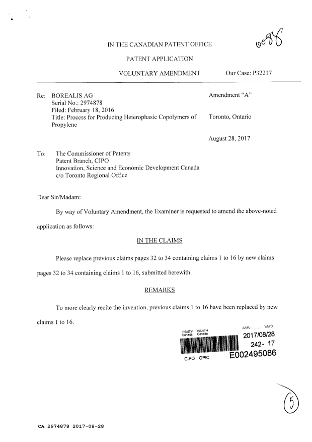 Document de brevet canadien 2974878. Modification 20170828. Image 1 de 5
