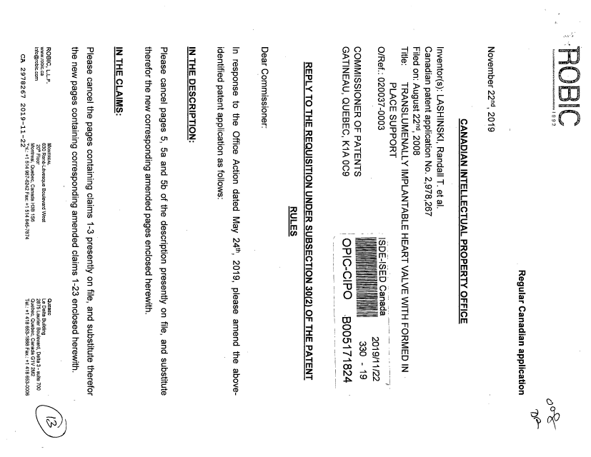 Document de brevet canadien 2978267. Modification 20191122. Image 1 de 13