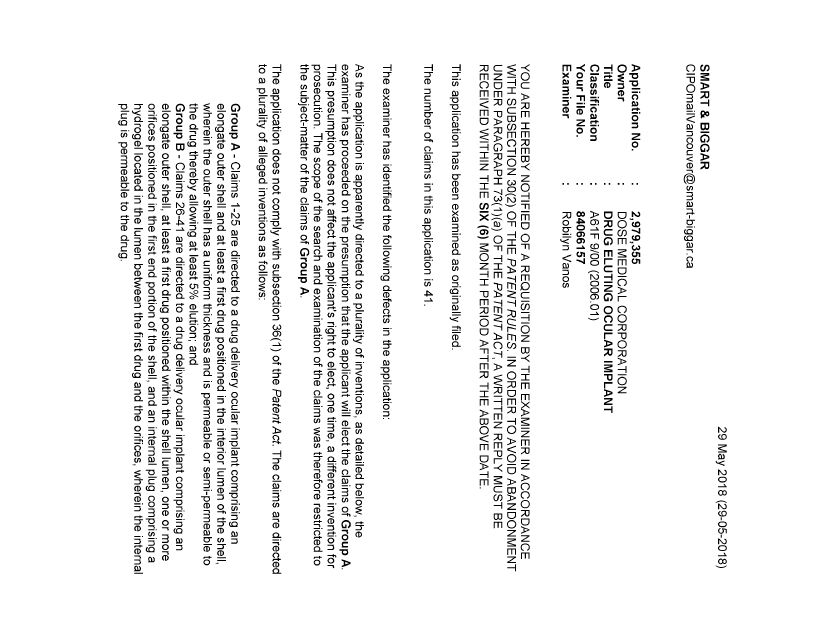 Document de brevet canadien 2979355. Demande d'examen 20180529. Image 1 de 4