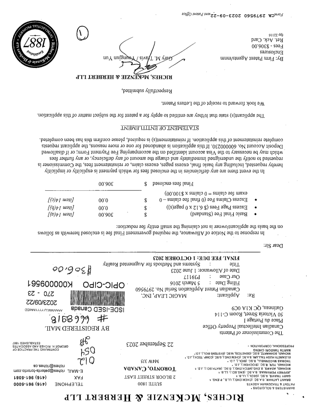 Document de brevet canadien 2979560. Taxe d'achèvement - PCT 20230922. Image 1 de 1